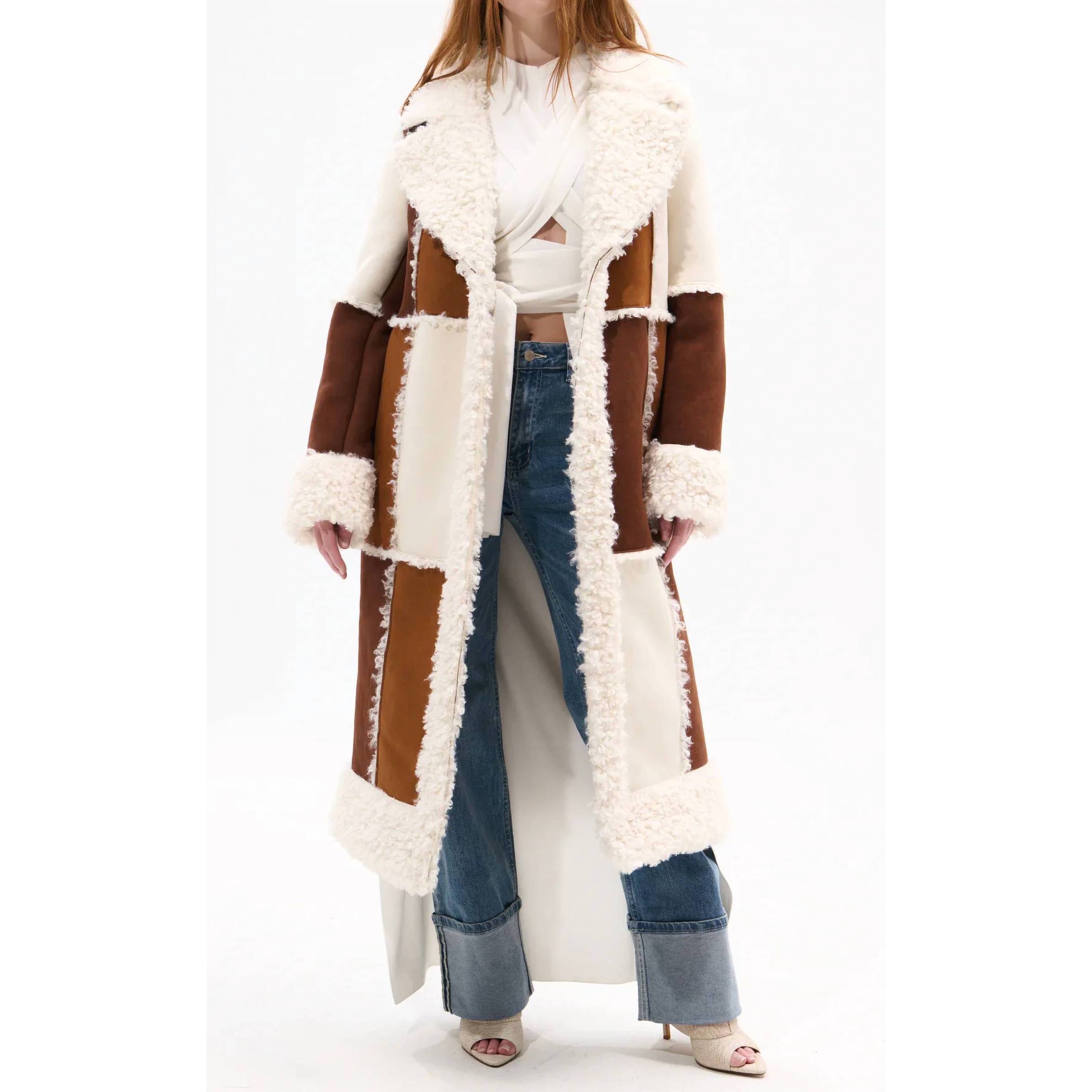 New Azalea Wang Telluride Faux Fur Patchwork Shearling Coat In Brown